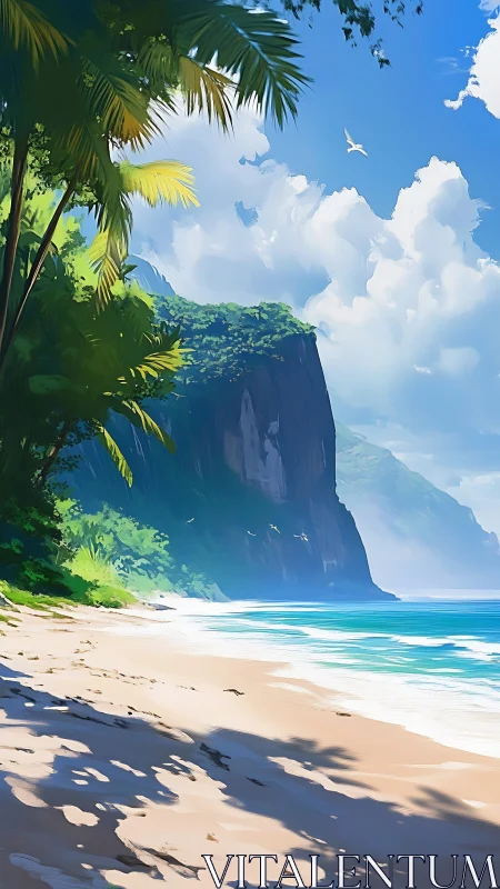 Tropical Beach Cliff Landscape with Palm Trees