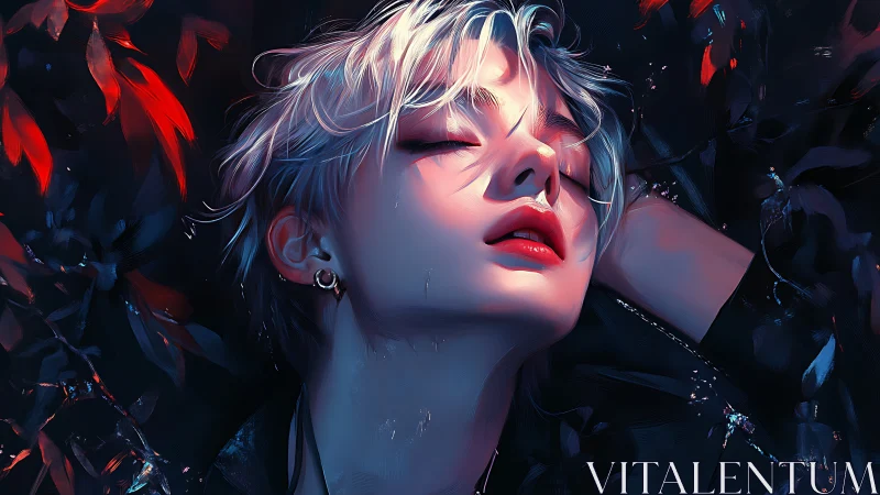 Androgynous figure bathes in neon dusk light with rapt serenity