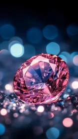 Pink faceted gemstone with bokeh highlights in macro focus.
