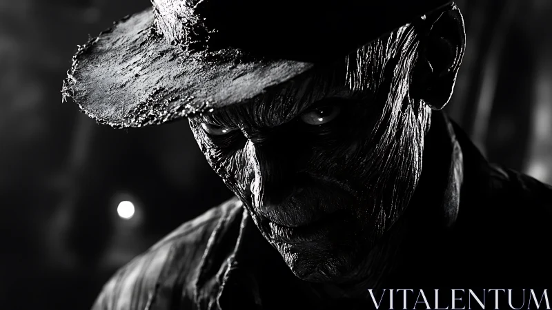 Monochrome close-up shows textured figure in shadowed hat