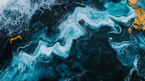 Abstract teal and gold fluid swirl on dark liquid surface.