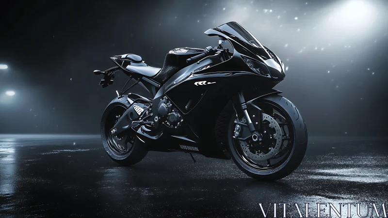 High-gloss sport motorcycle rendered in moody cinematic lighting