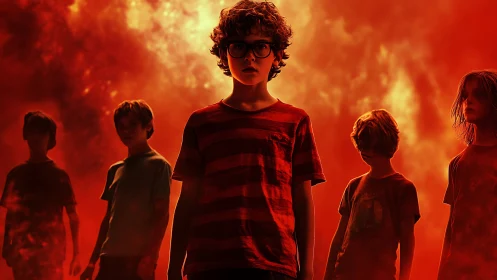 Preteen silhouettes in crimson atmospheric backlit haze