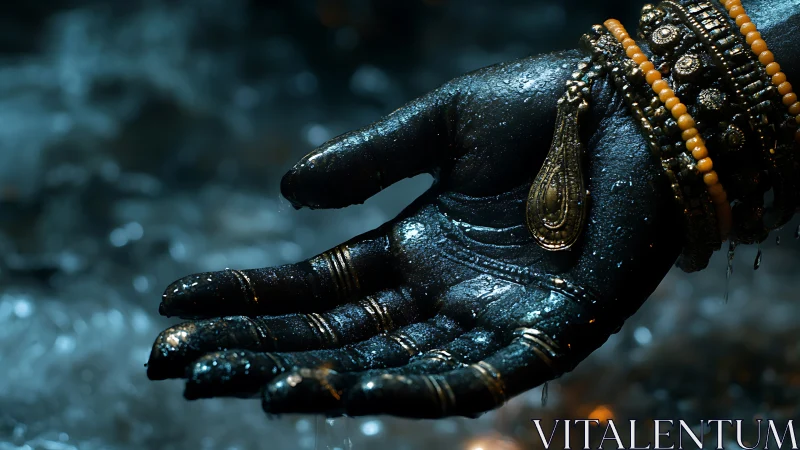 Wet dark hand with metallic jewelry and beaded bracelets.