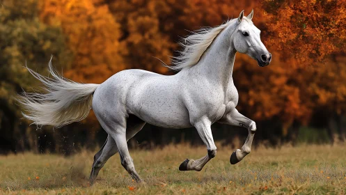 White horse in extended canter across autumn grassland