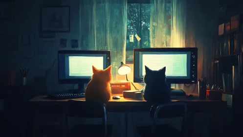 Two Cats at Dual Monitors in Neon-Lit Studio Environment