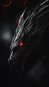 Side profile of dark metallic dragon head with red eye.