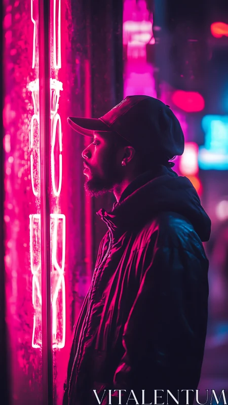 Side-lit urban portrait isolates subject in saturated neon magenta
