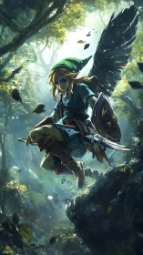 Winged forest warrior dives through glowing emerald canopy.