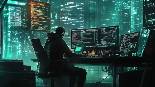Hooded computer operator at multi-monitor workstation at night.