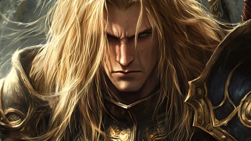 Battle-worn blonde paladin portrait in ornate plate armor