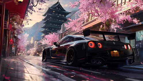 Modified Nissan GT-R under cherry blossoms in wet neon-lit Tokyo street