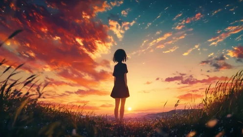 Silhouetted girl observing vivid sunset sky over field.