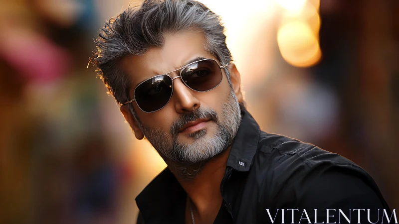 Silver-haired man in sunglasses under warm urban bokeh light.