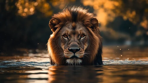Male lion wading through river at sunset with bokeh background