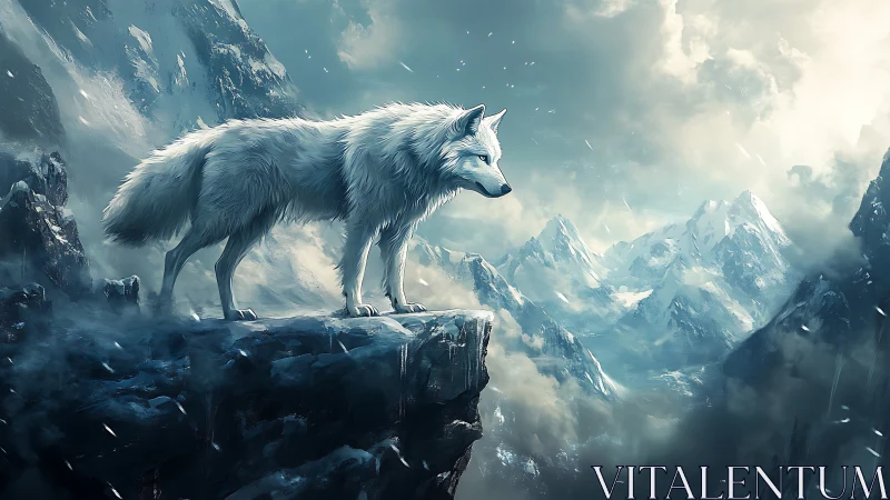 White wolf overlooking glacial mountain valley in stormlight.