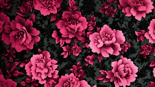 Damask Floral Composition: Vibrant Magenta Peonies on Black Damask Background