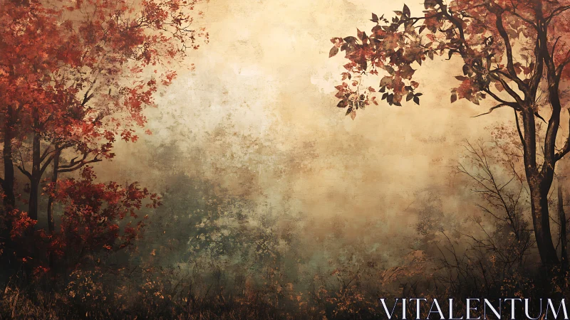Autumnal Forest in Misty Haze with Red and Brown Foliage