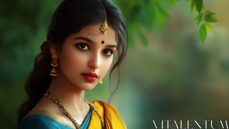 Elegant young woman in traditional Indian attire, digital art portrait.