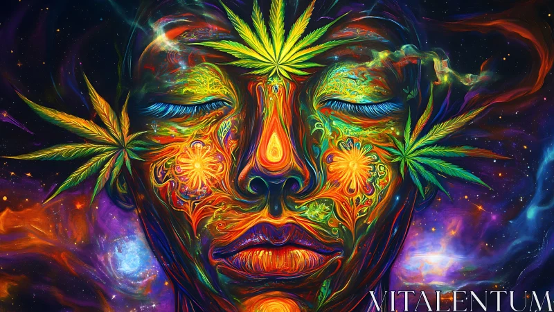 Psychedelic cosmic portrait with luminous cannabis mandala