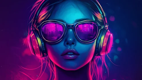 Neon lit female portrait with headphones and glasses.