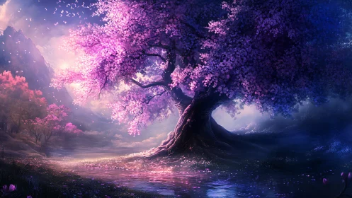 Twilight landscape with luminous pink and violet tree.