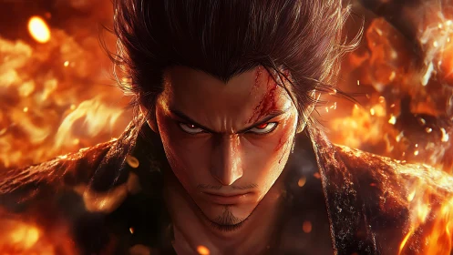 Male character rendered in close-up amid simulated flames