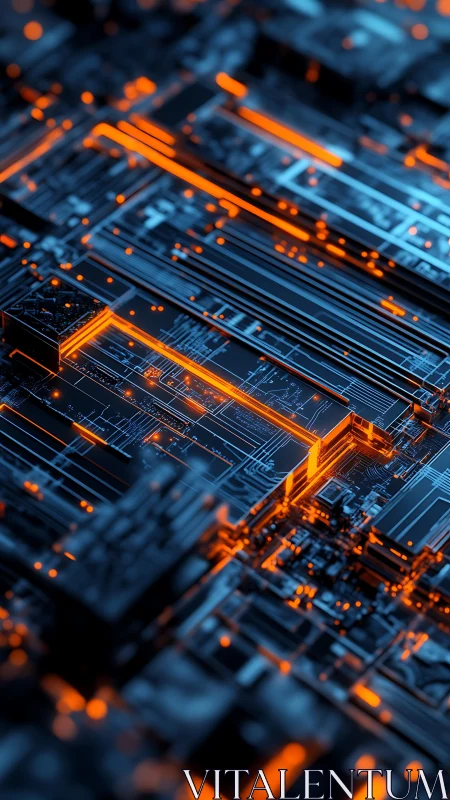 Neon circuitry grid with glowing data channels in perspective.