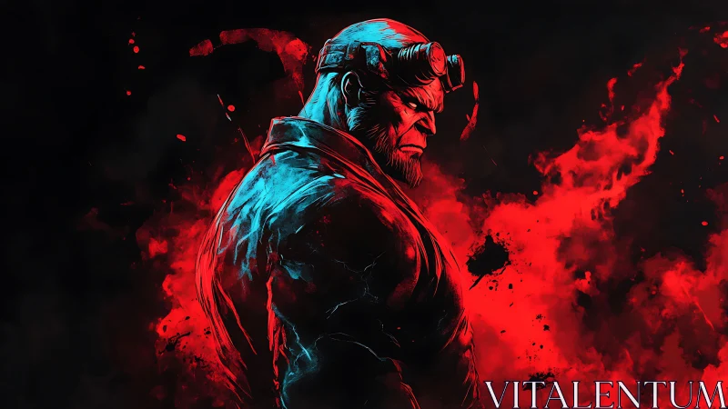 Infernal sentinel broods in electric cyan and crimson storm.