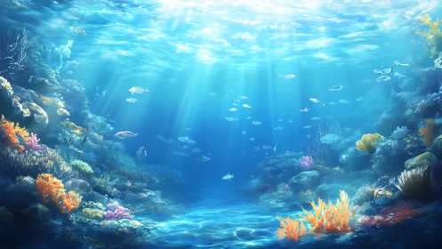 Underwater coral reef scene with fish in clear blue light.
