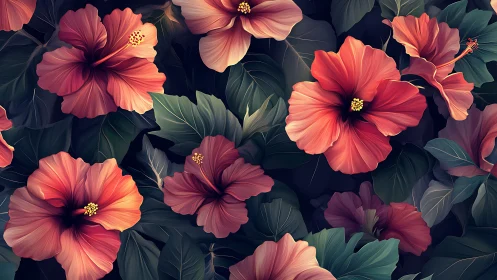 Hibiscus Flowers Digital Illustration with Dark Background.