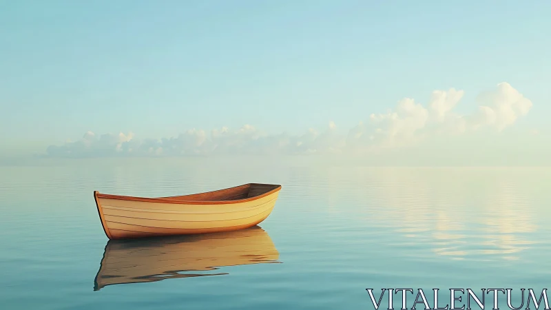 Gentle wooden rowboat resting on glassy pastel water.