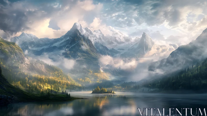 Atmospheric alpine massif with volumetric fog over still lake.