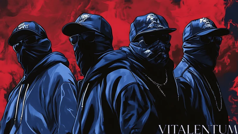 Masked street crew in blue hoodies against red smoke backdrop.