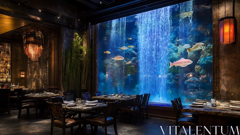 Underwater waterfall restaurant with tranquil glowing fish.