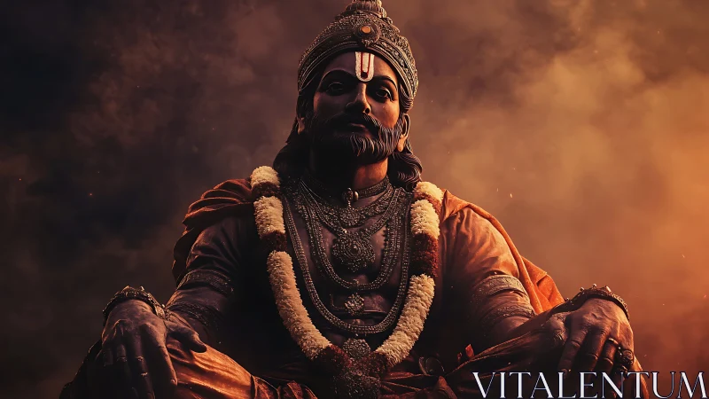 Ember-crowned warrior king statue in dusk-lit reverence.