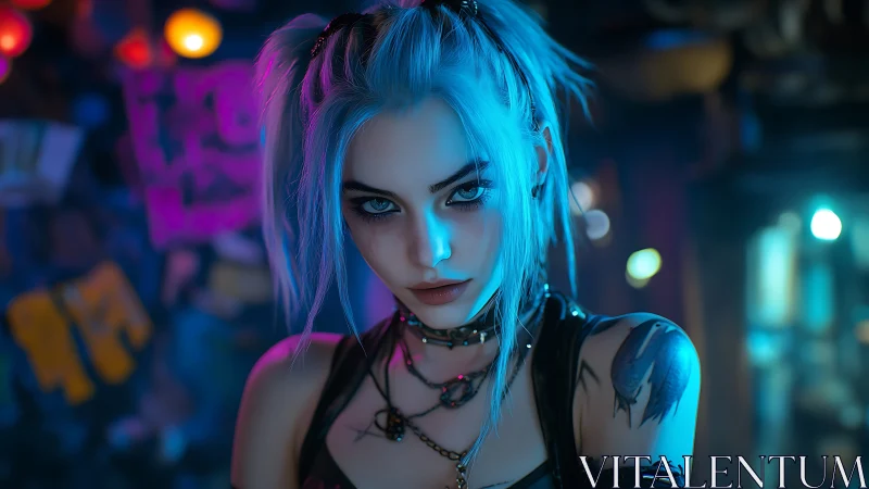 Cyberpunk portrait of blue haired punk girl in neon bar interior