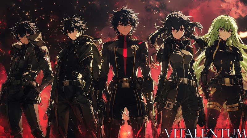Five armed anime soldiers in dark uniforms before red sky.