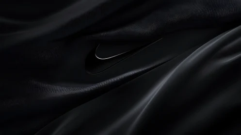 Black swoosh logo on dark folded fabric background.