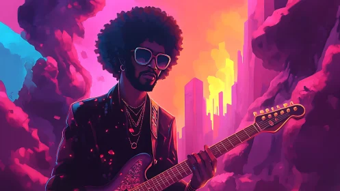 Neon-infused digital painting of retro funk guitarist profile.
