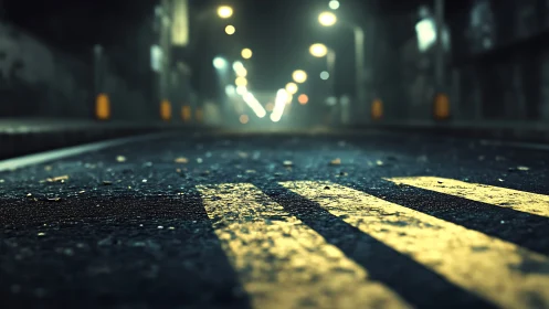 Midnight lane gleams under neon haze and distant headlights.