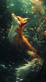 Enchanted fox gazes toward glowing forest light in wonder