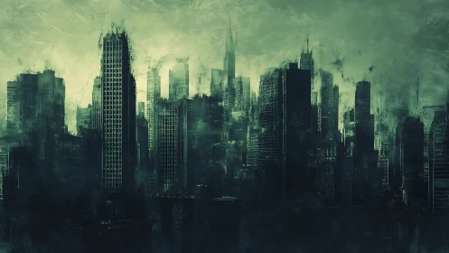 Desaturated dystopian skyline rendered in misty green haze.