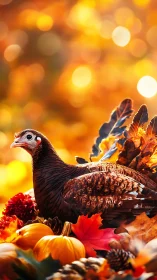 Wild turkey with iridescent plumage positioned against warm bokeh background with autumn foliage