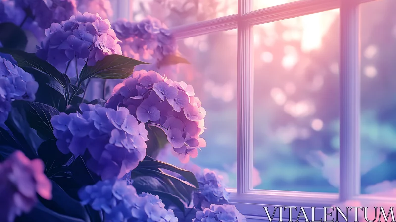 Hydrangea blooms refracted through soft bokeh window light
