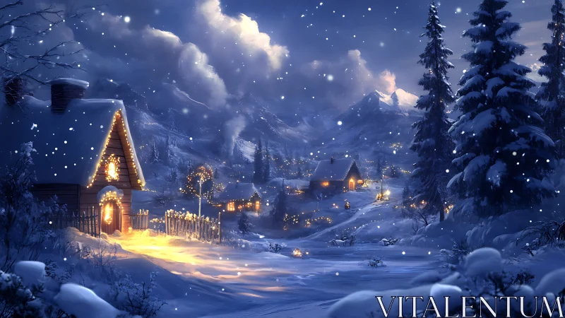 Snow covered village with illuminated cabins at night.