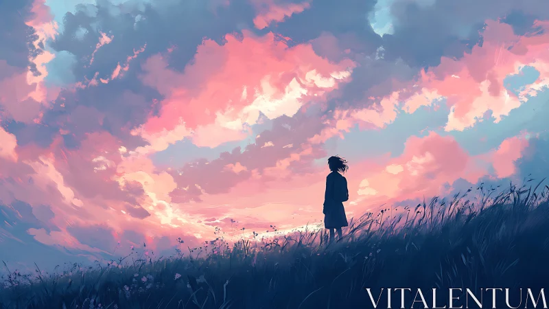 Silhouette stands in tall grass beneath vivid pink sunset sky