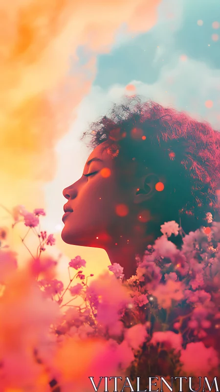 Serene dreamer crowned in neon dusk bloomfields.