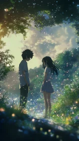 Starlit confession beneath a glowing forest clearing.