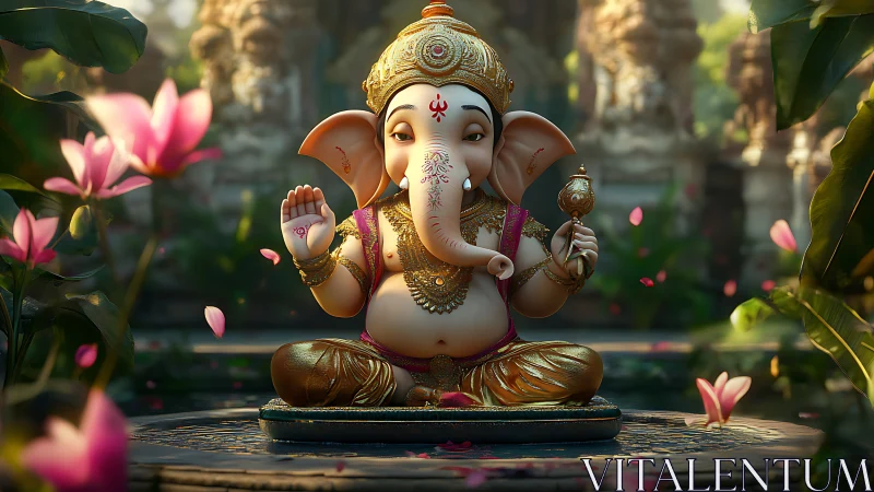 Divine Ganesha idol in ornate garden with golden ambient light.